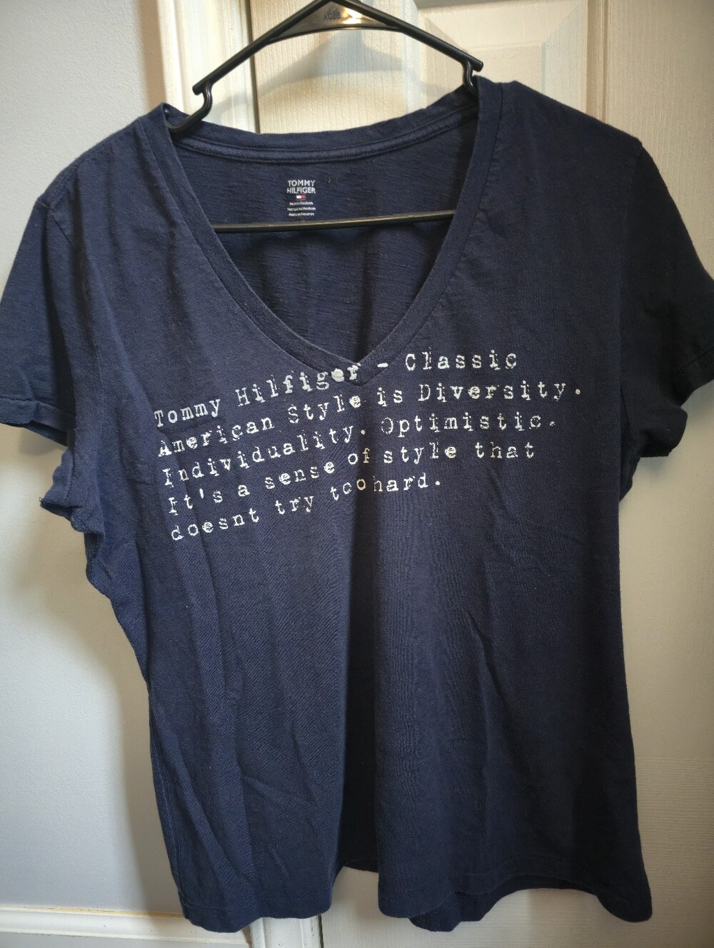 Tommy Hilfiger Navy V-Neck Short Sleeve Tee with White Text